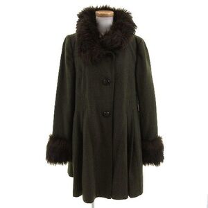 TOPSHOP Coat Long Sleeve Faux Fur Wool Blend Khaki Green